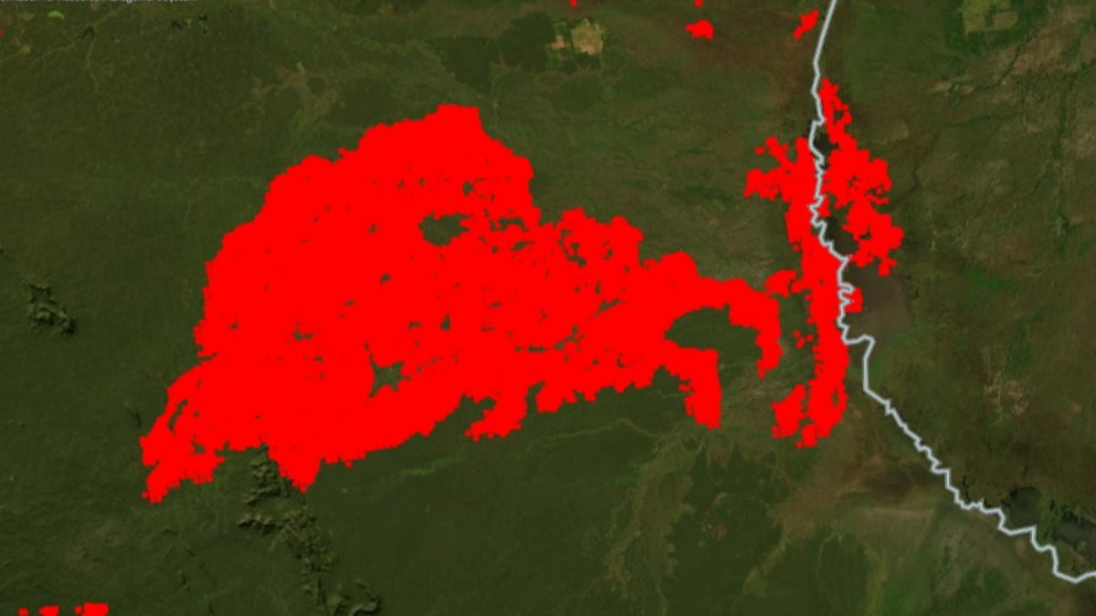 Imagen satelital del incendio en San Matías. Fuente:  SINTENEL