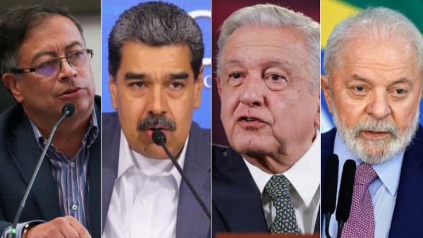 Los presidentes de Colombia, Gustavo Petro, Venezuela, Nicolás Maduro, de México, Andrés Manuel López Obrador, y de Brasil,  Luiz Inácio Lula da Silva.