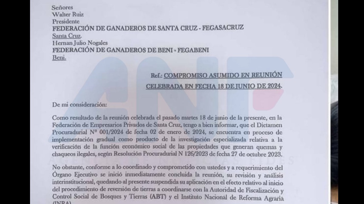 La carta de la PGE a ganaderos de Beni y Santa Cruz.