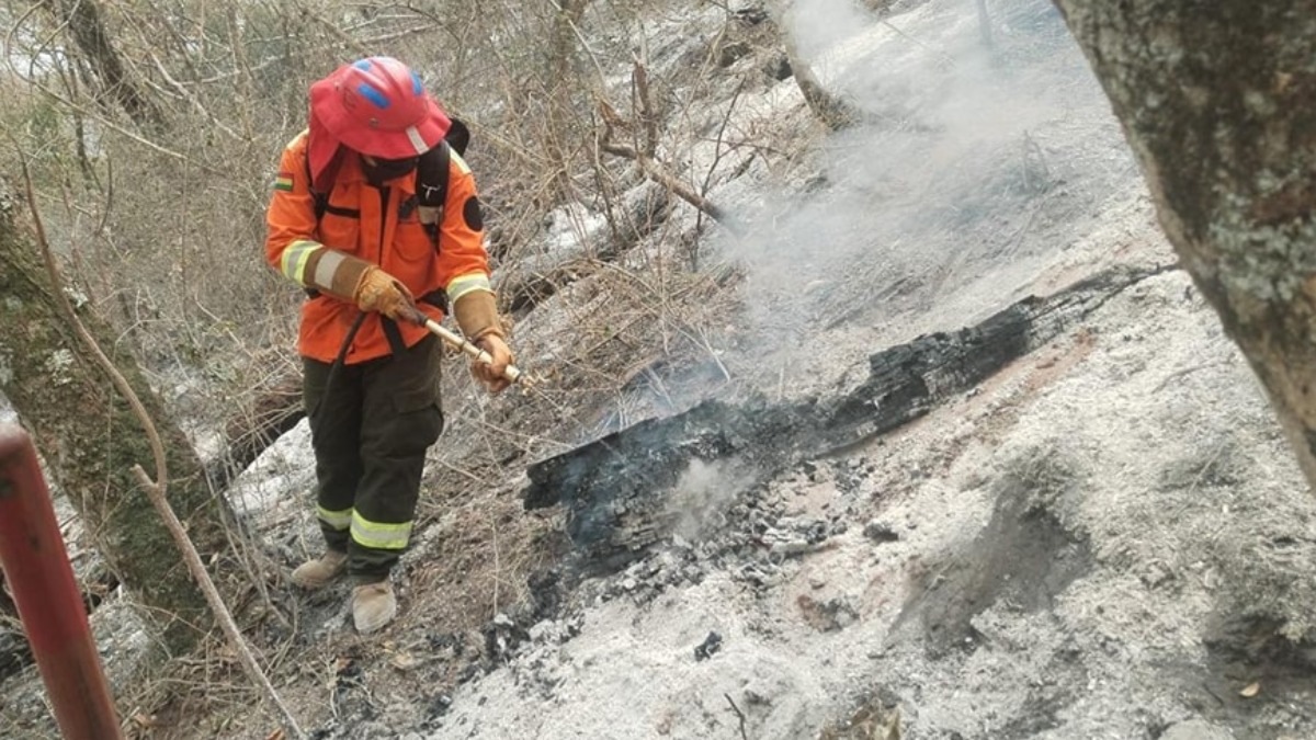 Un bombero forestal aplacando el fuego en una zona afectada en Santa Cruz. Foto: Gobernación de Santa Cruz.