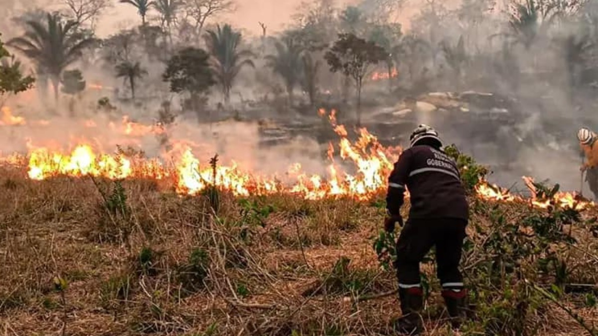 Un bombero intenta sofocar un incendio en Sant Cruz. Foto: Gobernación de Santa Cruz