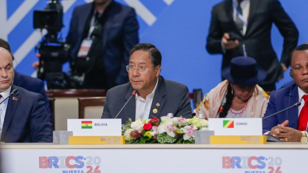 El presidente Luis Arce durante su intervención en la Cumbre de los BRICS.