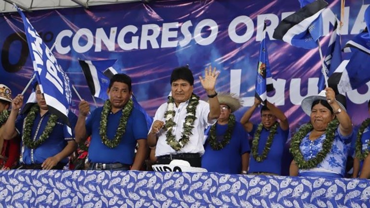 Evo Morales en el congreso del MAS en Lauca Ñ, en 2023. Foto: Internet