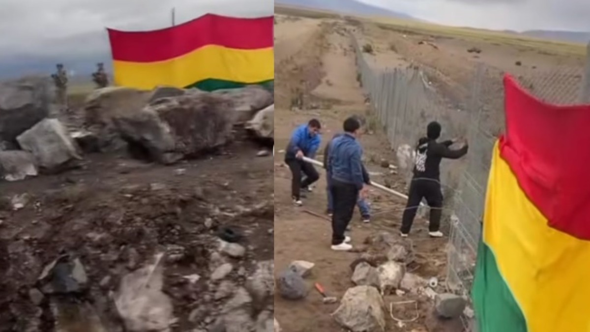 Bolivianos colgaron la bandera boliviana e intentaron derribar el muro de alambrado.