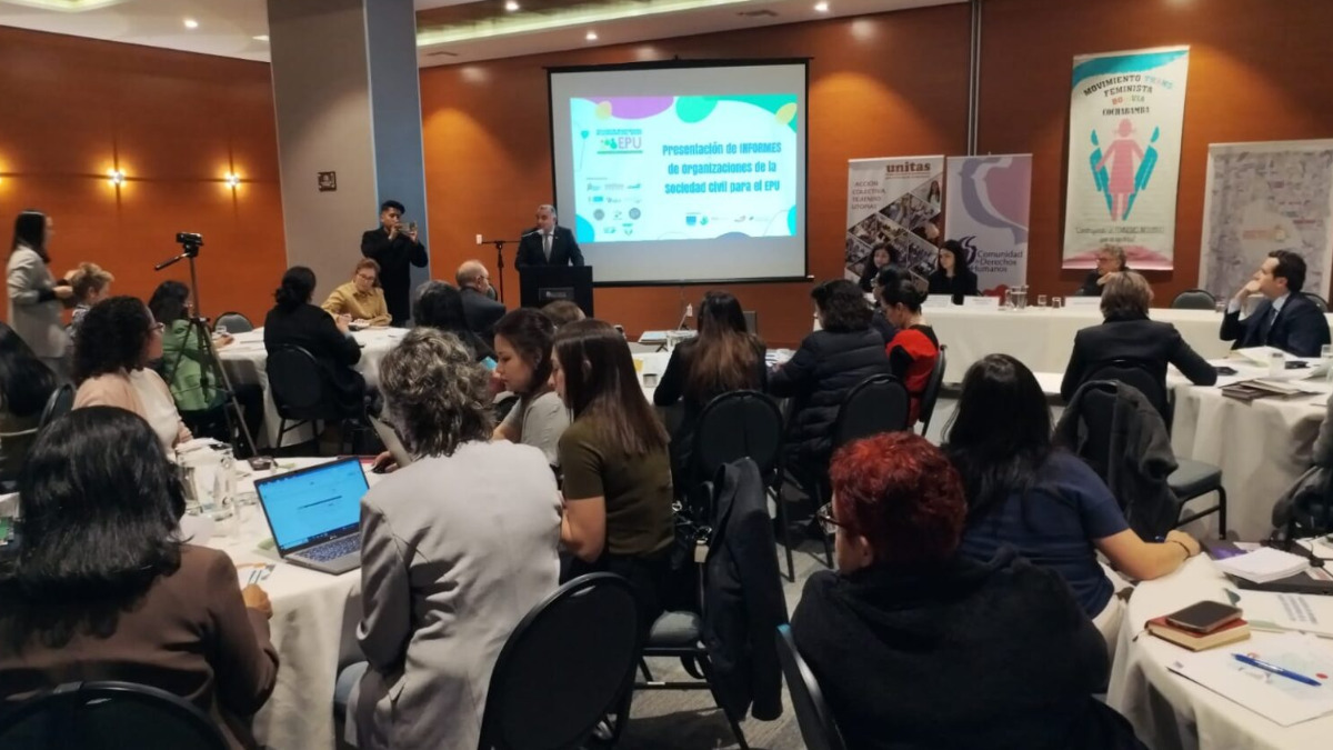 Organizaciones de la sociedad civil, durante la presentación del informe alternativo para el EPU ante la comunidad internacional en La Paz. Foto: Sumando Voces