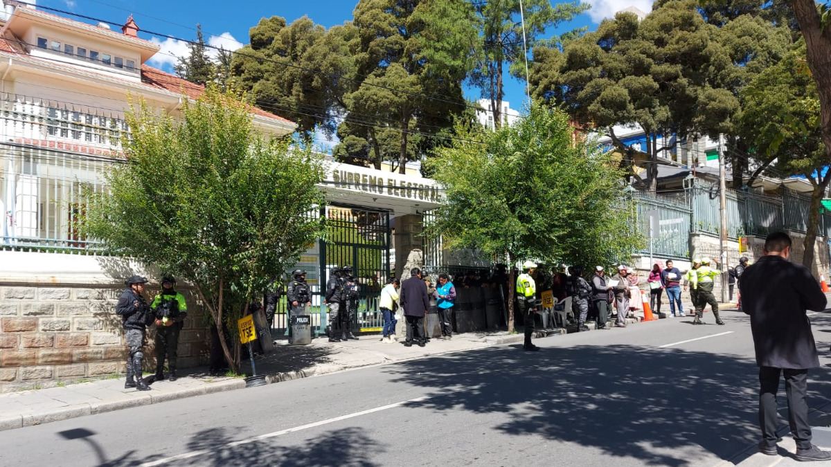 Un importante grupo de militantes del MAS llegó a las oficinas del TSE. Foto: ANF